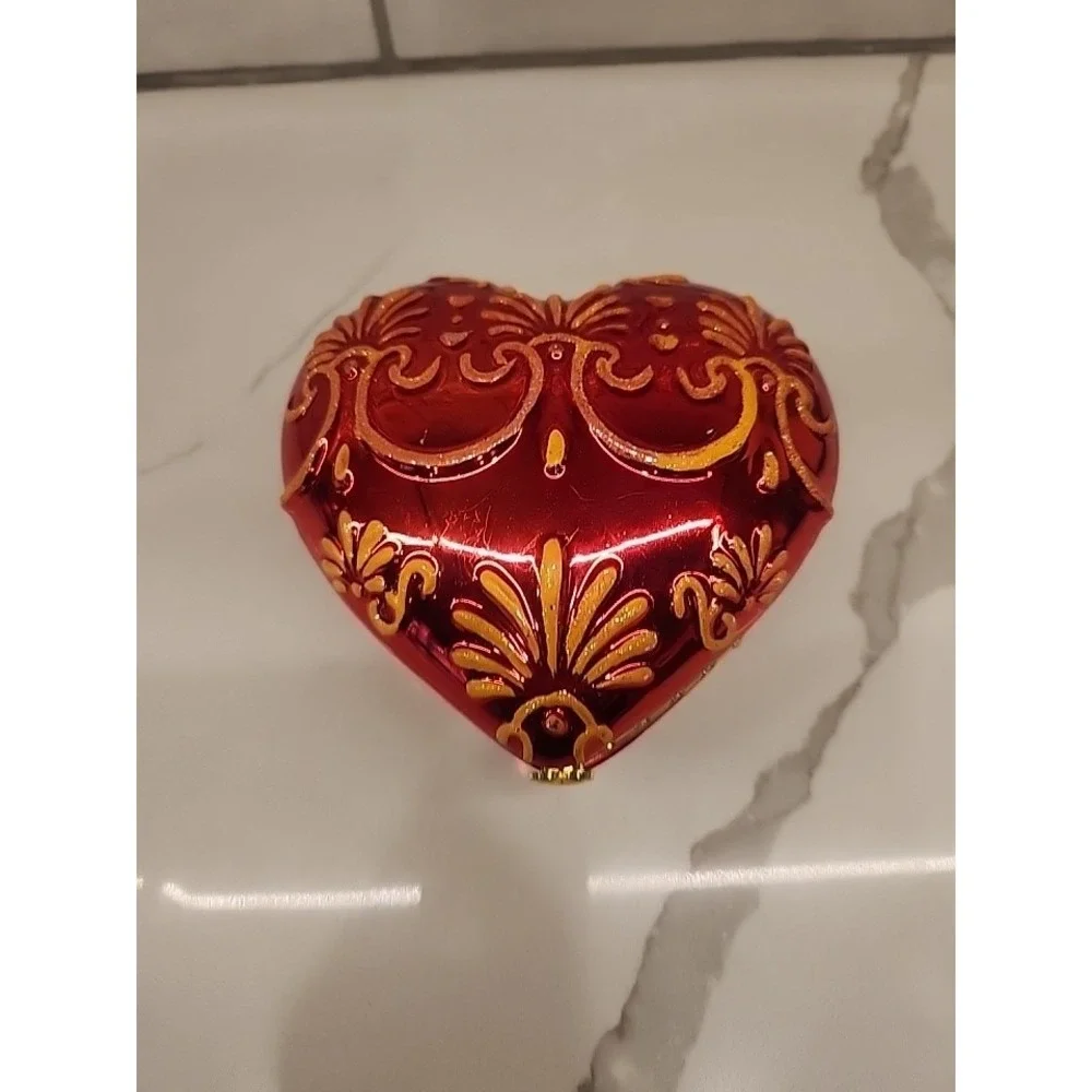 Vintage Christopher Radko Red Gold Glitter‎ Heart Hinged Trinket Box Jewelry Box